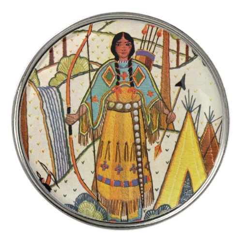 Embroidered Look Native American Yellow Teepee Golf Ball Marker
