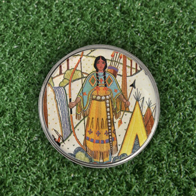 Embroidered Look Native American Yellow Teepee Golf Ball Marker (Native american lady in tradional clothing in forest on emboidered look golf ball markers.)