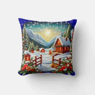 Embroidered Look Outdoor Winter Christmas Scene Throw Pillow