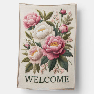 Embroidered Look Rose Floral Welcome House Flag