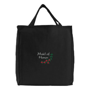 Embroidered Maid of Honor With Red Roses Tote Bag