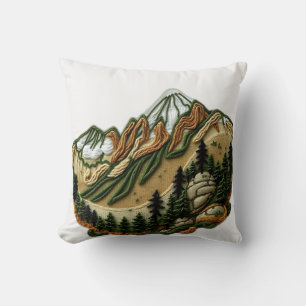 Embroidered Mountain Landscape Throw Pillow