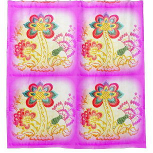 embroidered palm trees pink shower curtain