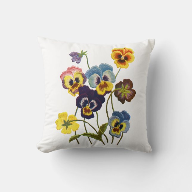 Embroidered Pansies Throw Pillow (Front)