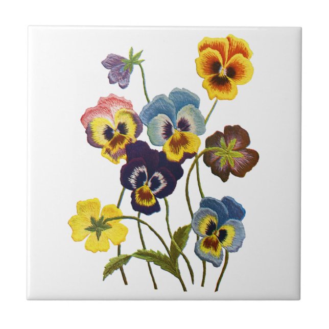 Embroidered Parade of Pansies Ceramic Tile (Front)