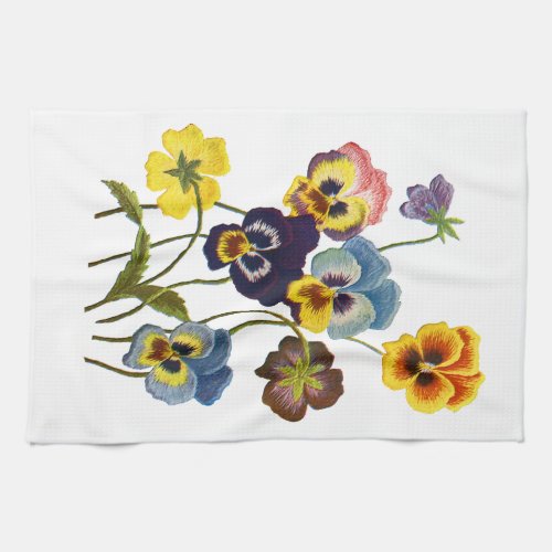 Embroidered Parade of Pansies Kitchen Towel