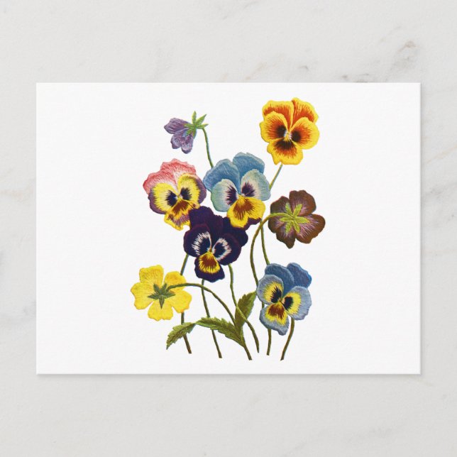 Embroidered Parade of Pansies Postcard (Front)