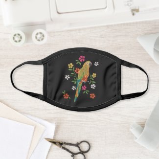 Embroidered Parrot Red Yellow Pink Floral Black Face Mask
