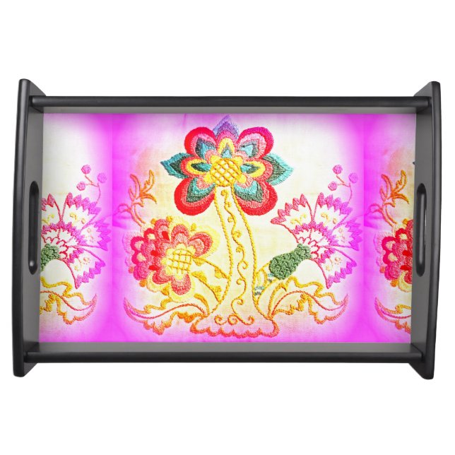 embroidered pink palm tree serving tray (Front)