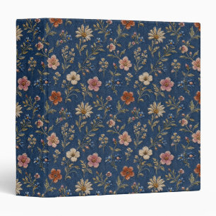 Embroidered plain wildflowers on denim background 3 ring binder