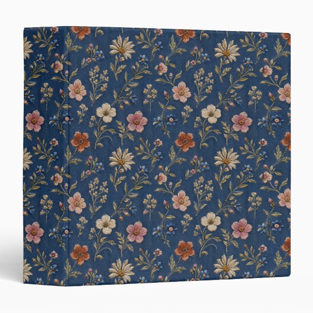 Embroidered plain wildflowers on denim background 3 ring binder (Front/Spine)