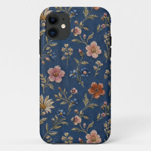 Embroidered plain wildflowers on denim background iPhone 11 case