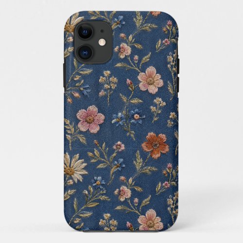 Embroidered plain wildflowers on denim background iPhone 11 case