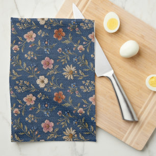 Embroidered plain wildflowers on denim background kitchen towel