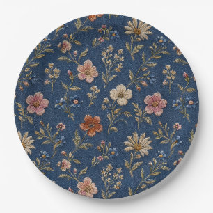 Embroidered plain wildflowers on denim background paper plates