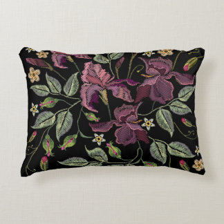 Embroidered Purple Irises Black Background. Accent Pillow