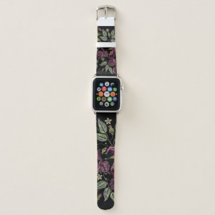 Embroidered Purple Irises Black Background. Apple Watch Band