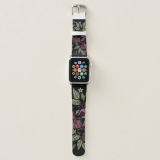 Embroidered Purple Irises Black Background. Apple Watch Band