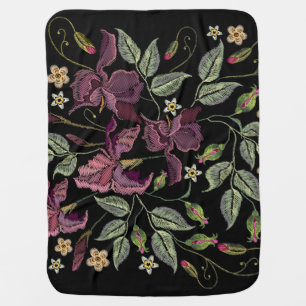 Embroidered Purple Irises Black Background. Baby Blanket