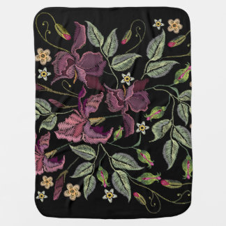 Embroidered Purple Irises Black Background. Baby Blanket