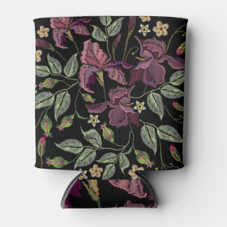Embroidered Purple Irises Black Background. Can Cooler
