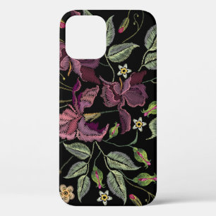 Embroidered Purple Irises Black Background. iPhone 12 Case