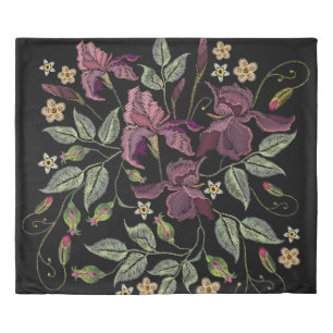 Embroidered Purple Irises Black Background. Duvet Cover