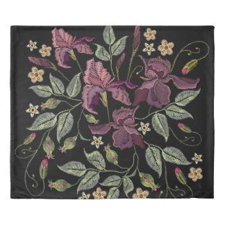 Embroidered Purple Irises Black Background. Duvet Cover