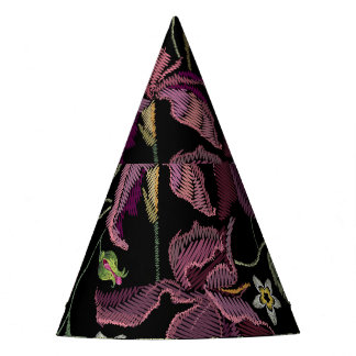Embroidered Purple Irises Black Background. Party Hat