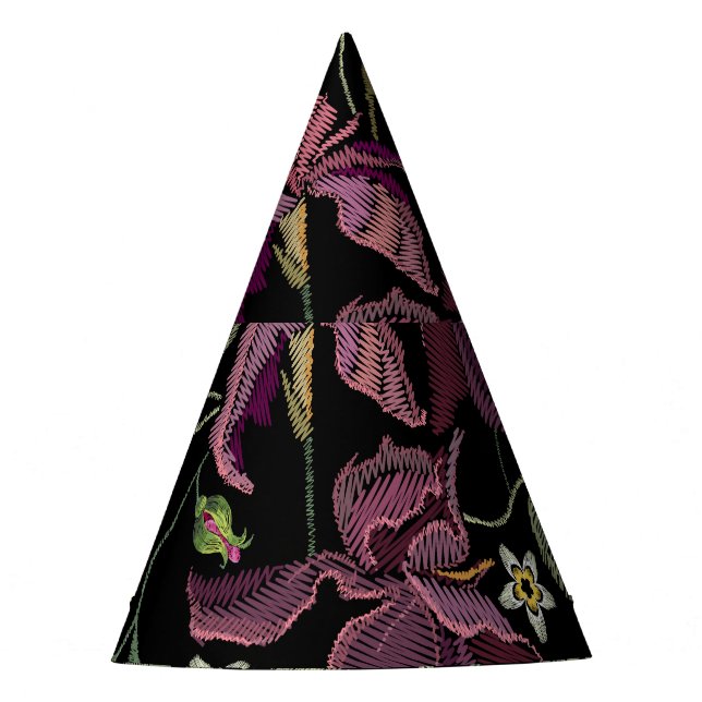 Embroidered Purple Irises Black Background. Party Hat (Front)