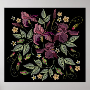 Embroidered Purple Irises Black Background. Poster