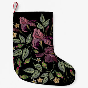 Embroidered Purple Irises Black Background. Small Christmas Stocking