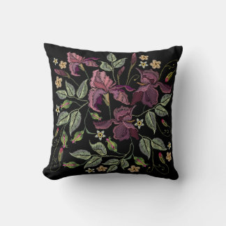 Embroidered Purple Irises Black Background. Throw Pillow