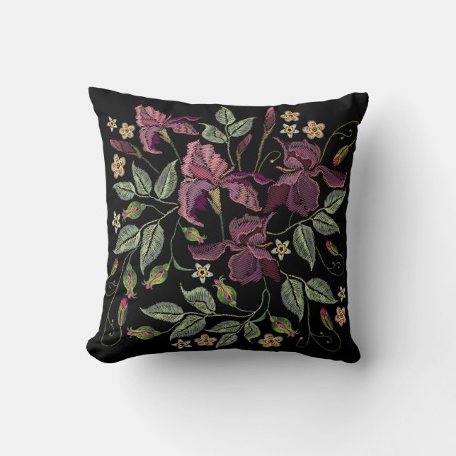 Embroidered Purple Irises Black Background. Throw Pillow (Front)
