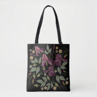 Embroidered Purple Irises Black Background.