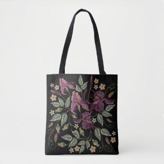 Embroidered Purple Irises Black Background. Tote Bag