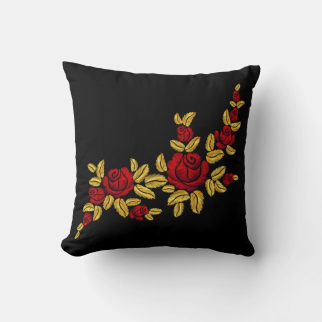 Embroidered Red Roses Golden Leaves Black Throw Pillow (Front)
