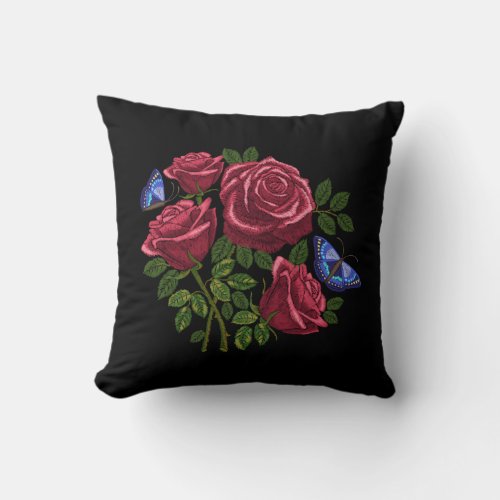 Embroidered Red Roses Green Leaves Blue Butterfly Throw Pillow