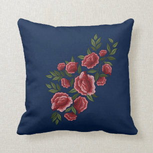 Embroidered Red Roses Green Leaves Floral Blue Throw Pillow