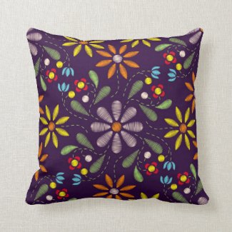 Embroidered Red Yellow Orange Pink Green Floral Throw Pillow