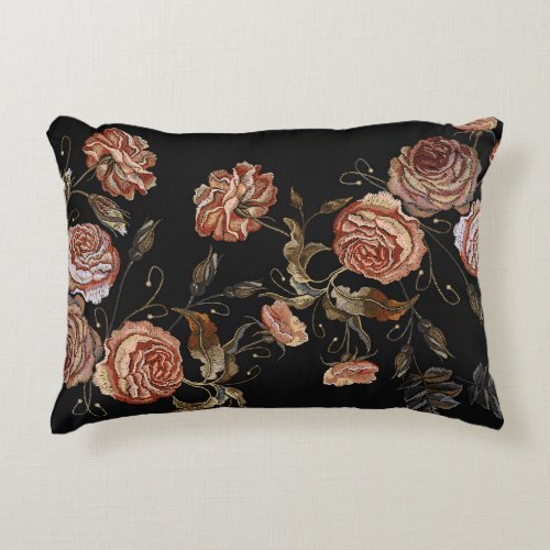 Embroidered roses black seamless pattern accent pillow