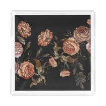 Embroidered roses: black seamless pattern. acrylic tray