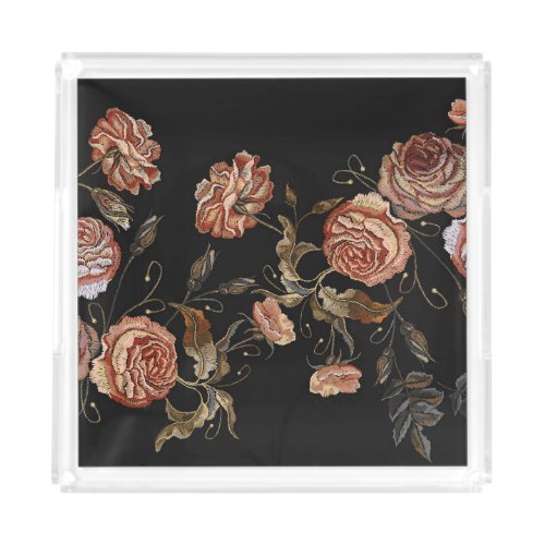 Embroidered roses black seamless pattern acrylic tray