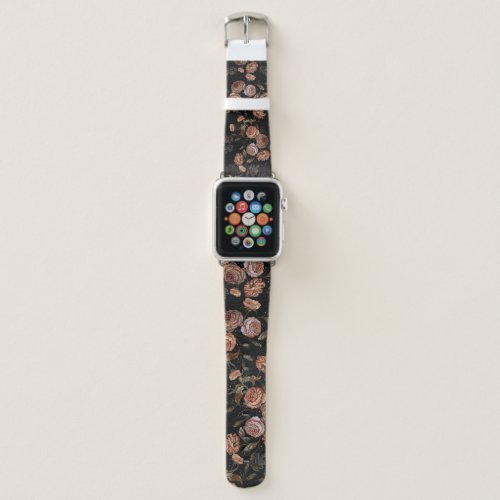 Embroidered roses black seamless pattern apple watch band