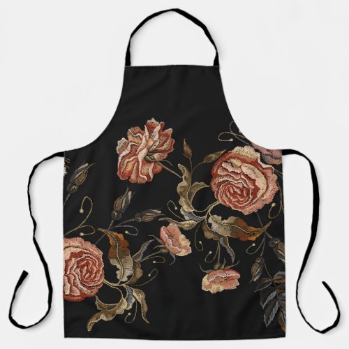 Embroidered roses black seamless pattern apron
