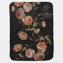 Embroidered roses: black seamless pattern. baby blanket