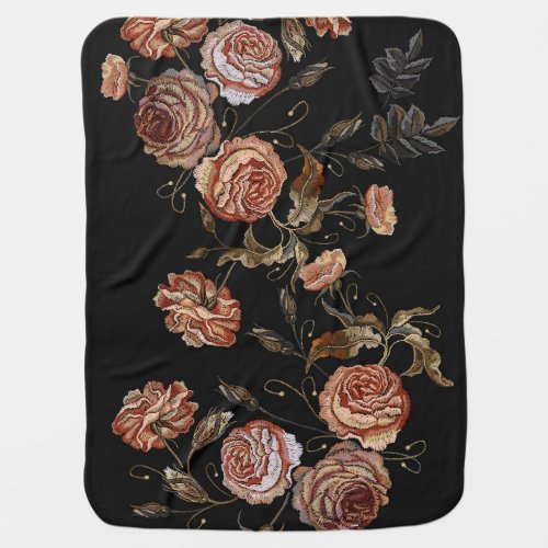 Embroidered roses black seamless pattern baby blanket