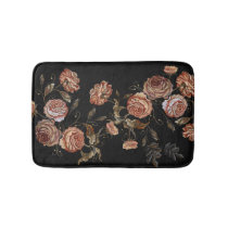 Embroidered roses: black seamless pattern. bath mat