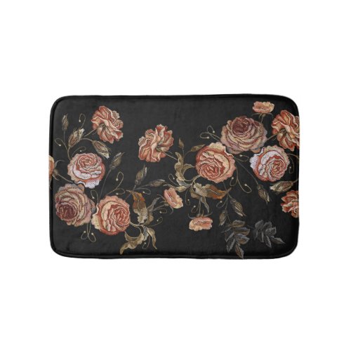 Embroidered roses black seamless pattern bath mat