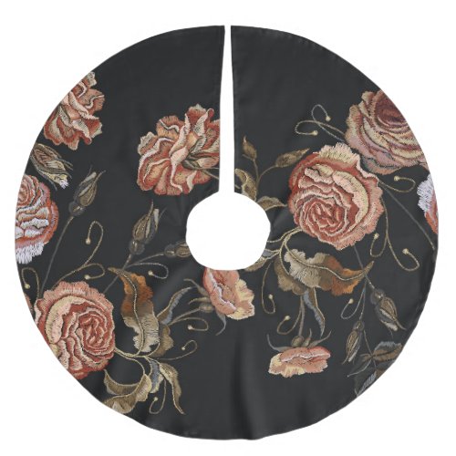 Embroidered roses black seamless pattern brushed polyester tree skirt